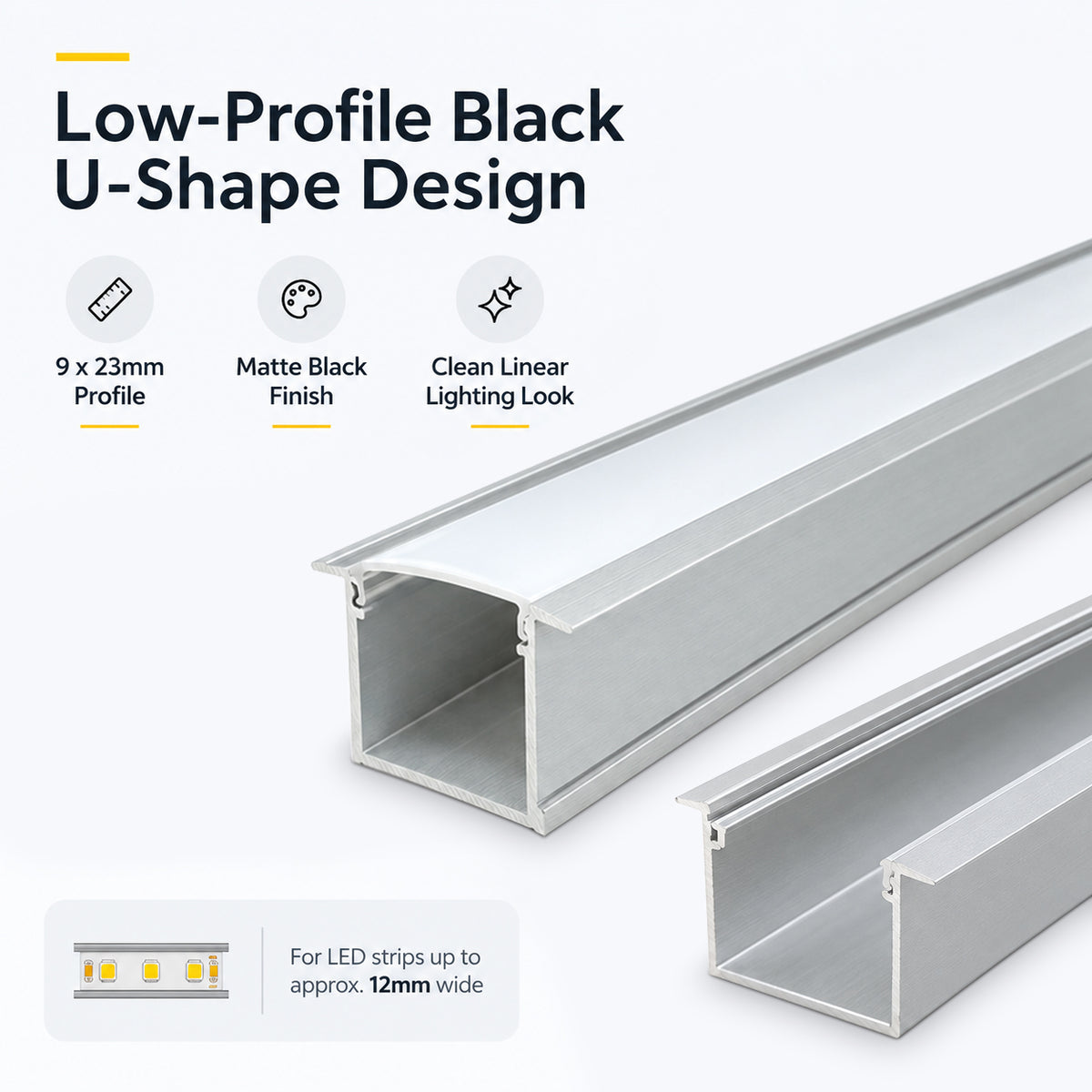 Silver U05 36x24mm U-Shape LED Aluminum Channel, 20mm Inner Width, with Cover, End Caps & Mounting Clips for Spot-Free LED Strip Lighting