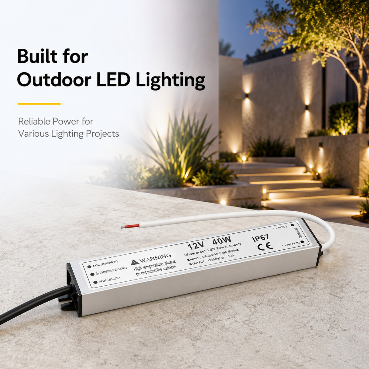 40W 12V/24V Waterproof LED Power Supply, 90-265V Input, Single Output, Aluminum Housing, Outdoor LED Lighting Driver, CE/RoHS/FCC Certified, US/UK/EU Plug