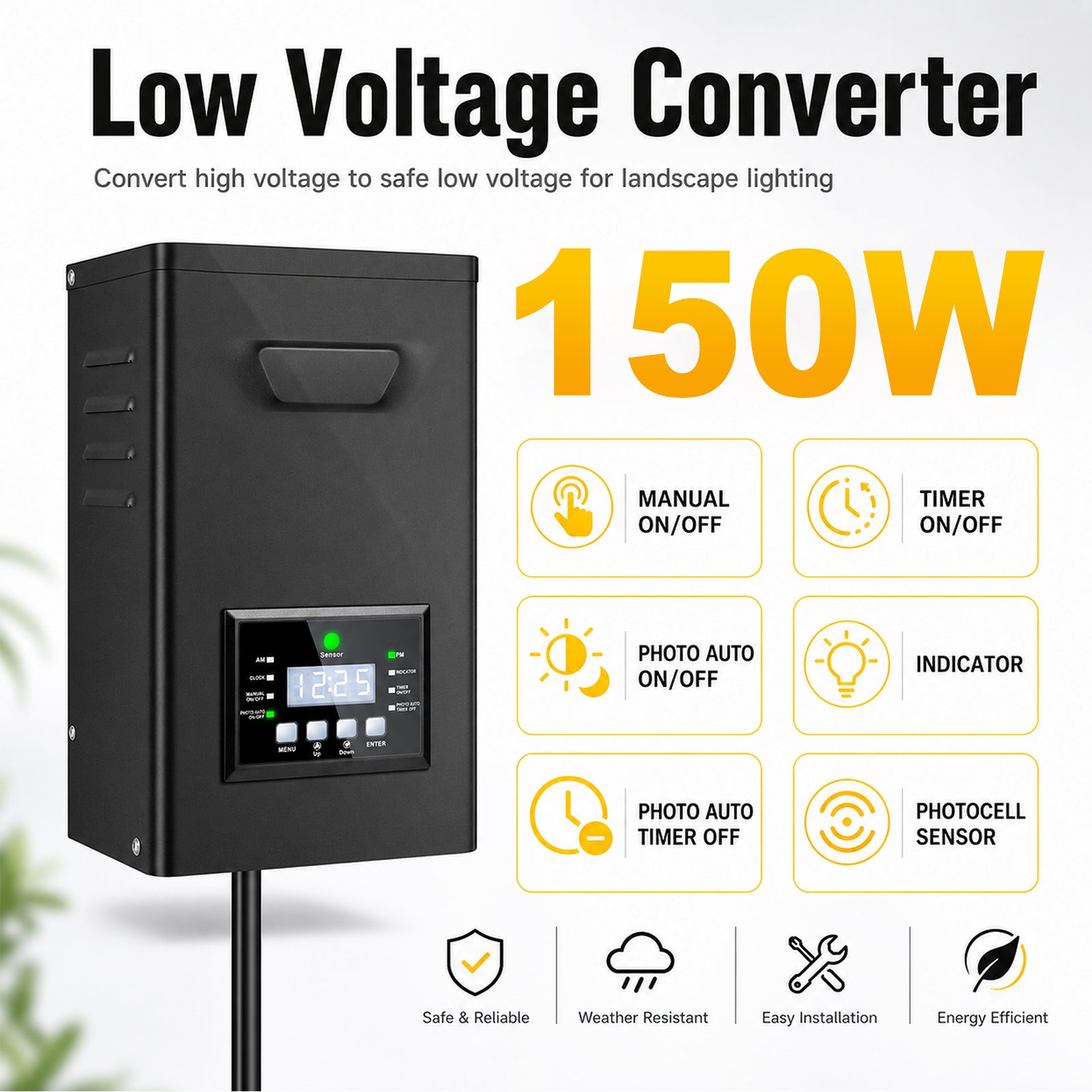 150W/170W Landscape Lighting Transformers – 120V to 12V/15V AC, Single Zone, Timer & Internal Photocell, Power Supply for Landscape Lighting Systems