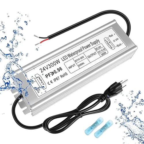 300W 12V/24V Waterproof LED Power Supply, 90-265V Input, Single/Dual/Triple Wire Output, Aluminum Housing, Outdoor LED Lighting Driver, CE/RoHS/FCC Certified, US/UK/EU Plug