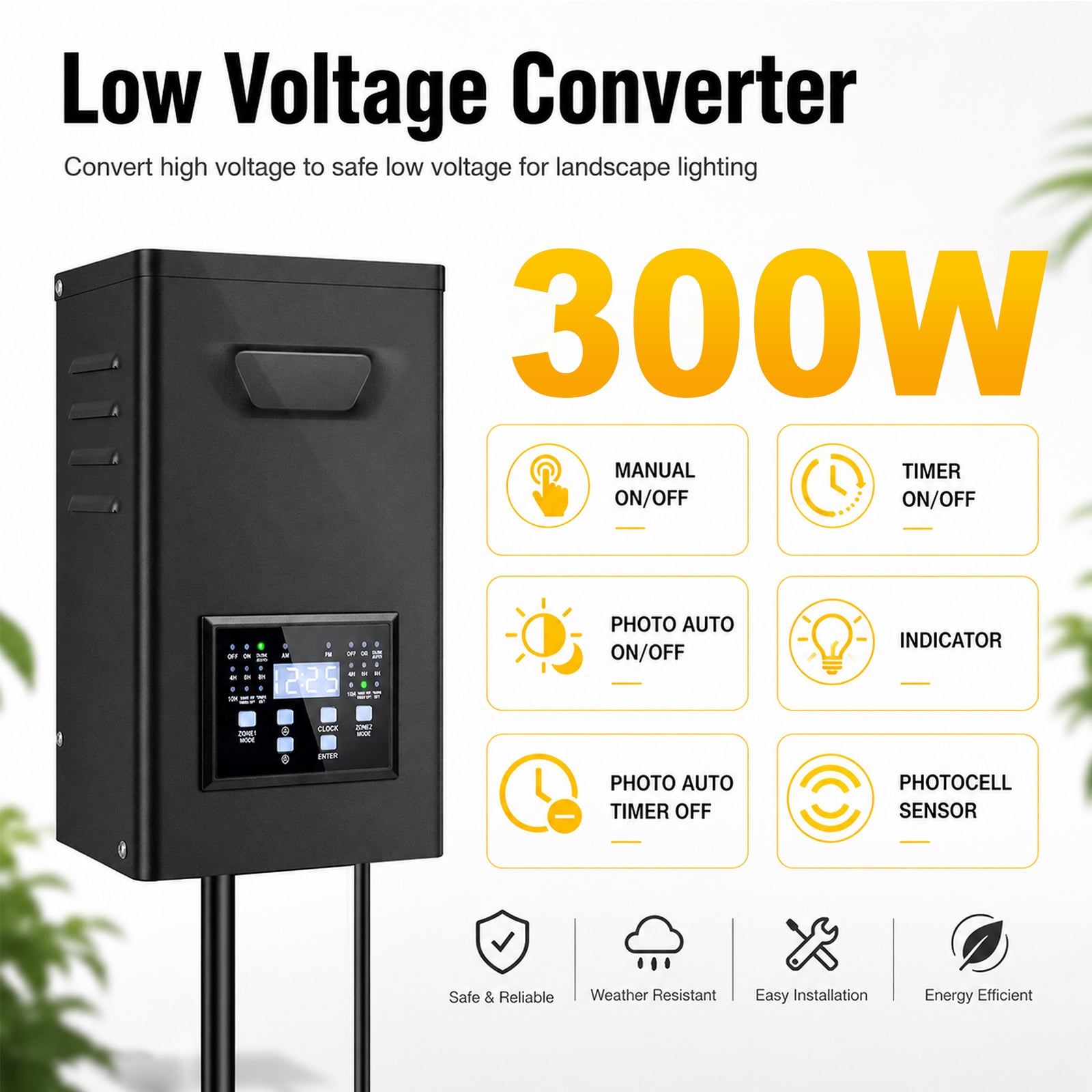 300W Landscape Lighting Transformers – 120V to 12V/14V AC, Dual Zone, Timer & External Photocell, Power Supply for Landscape Lighting Systems