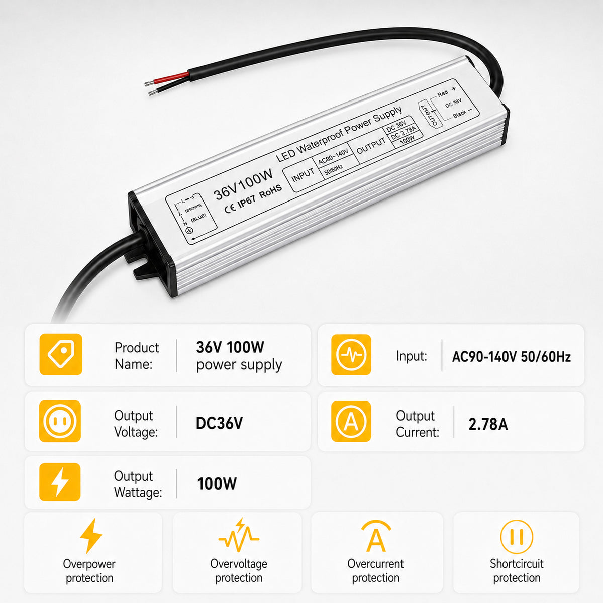 100W 36V/48V Waterproof LED Power Supply, 175-265V Input, Single Output, Aluminum Housing, Outdoor LED Lighting Driver, CE/RoHS/FCC Certified, UK/EU Plug