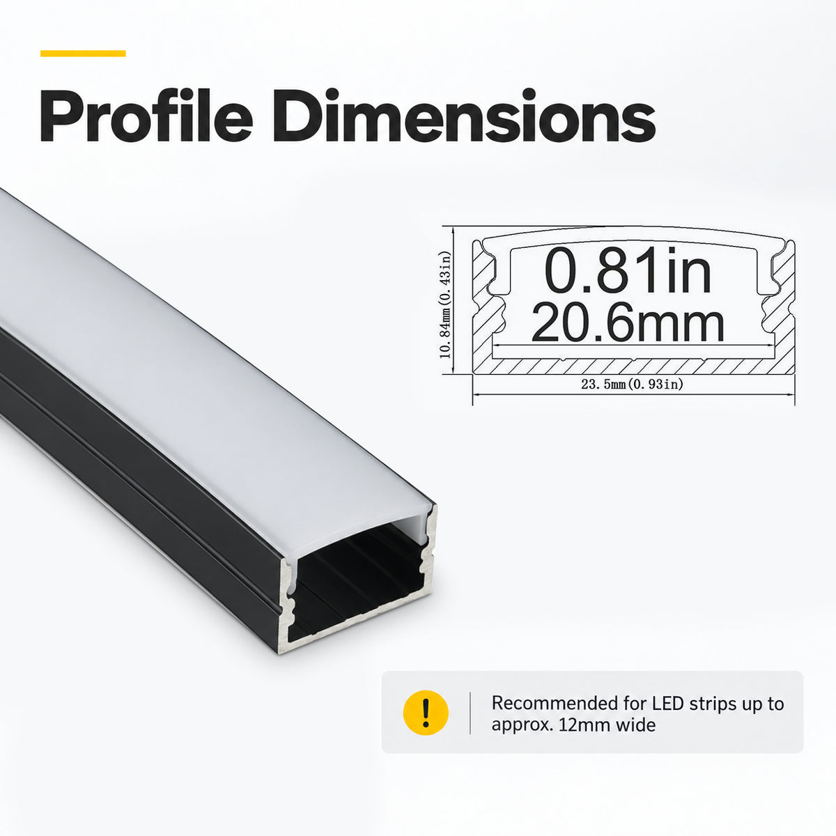 Black U04 10x23mm U-Shape LED Aluminum Channel, 20mm Inner Width, with Cover, End Caps & Mounting Clips
