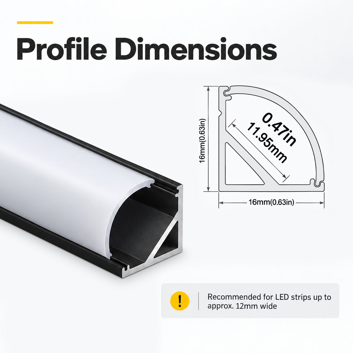 Black V02 16x16mm V-Shape Corner-Mount LED Aluminum Channel, 12mm Inner Width, with Cover, End Caps & Mounting Clips