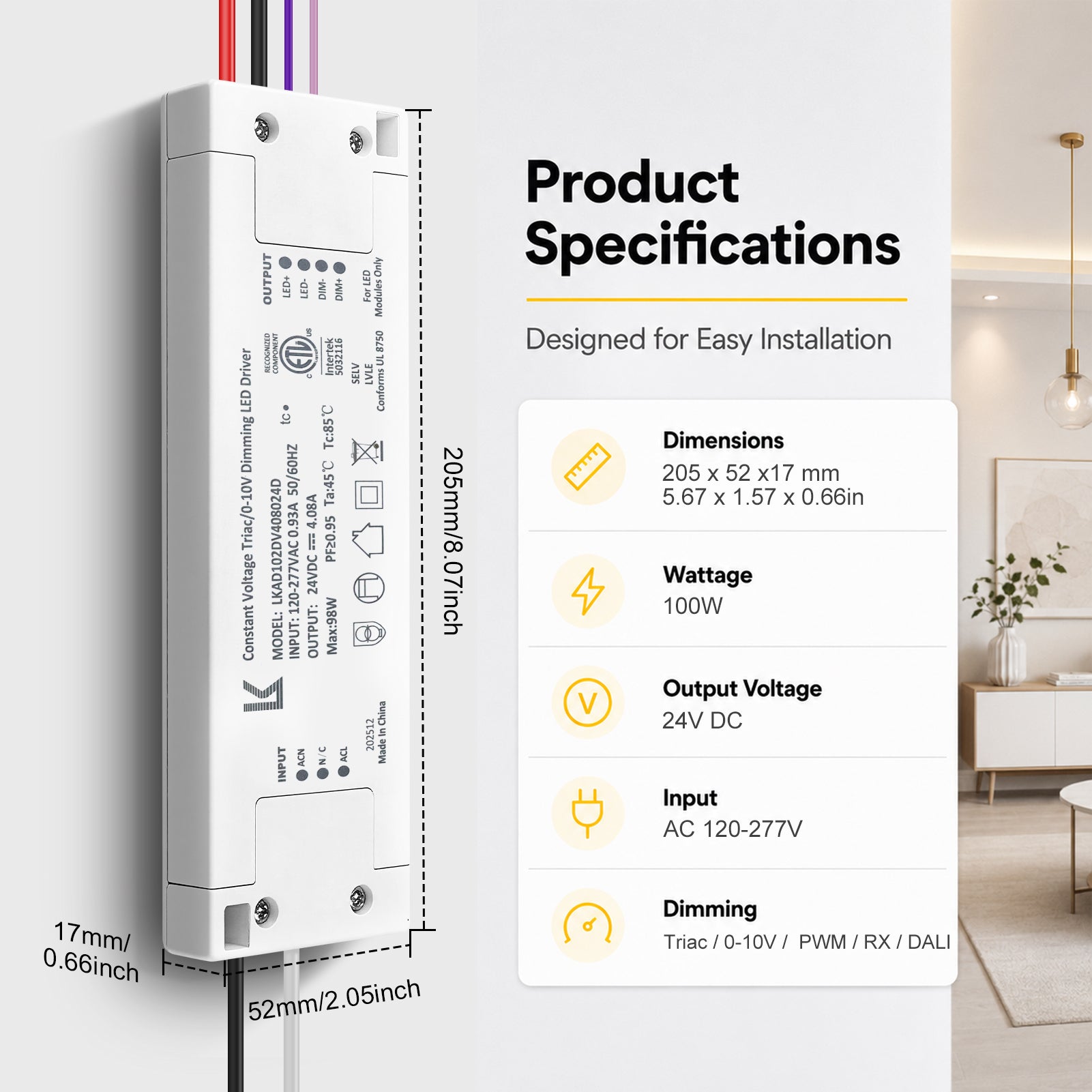 100W 24V DC Plastic Case Triac Dimmable LED Driver, ETL Listed, AC 120-277V Input, LED Driver for LED Strip Lighting / Under Cabinet Lighting / Home Ambient Lighting
