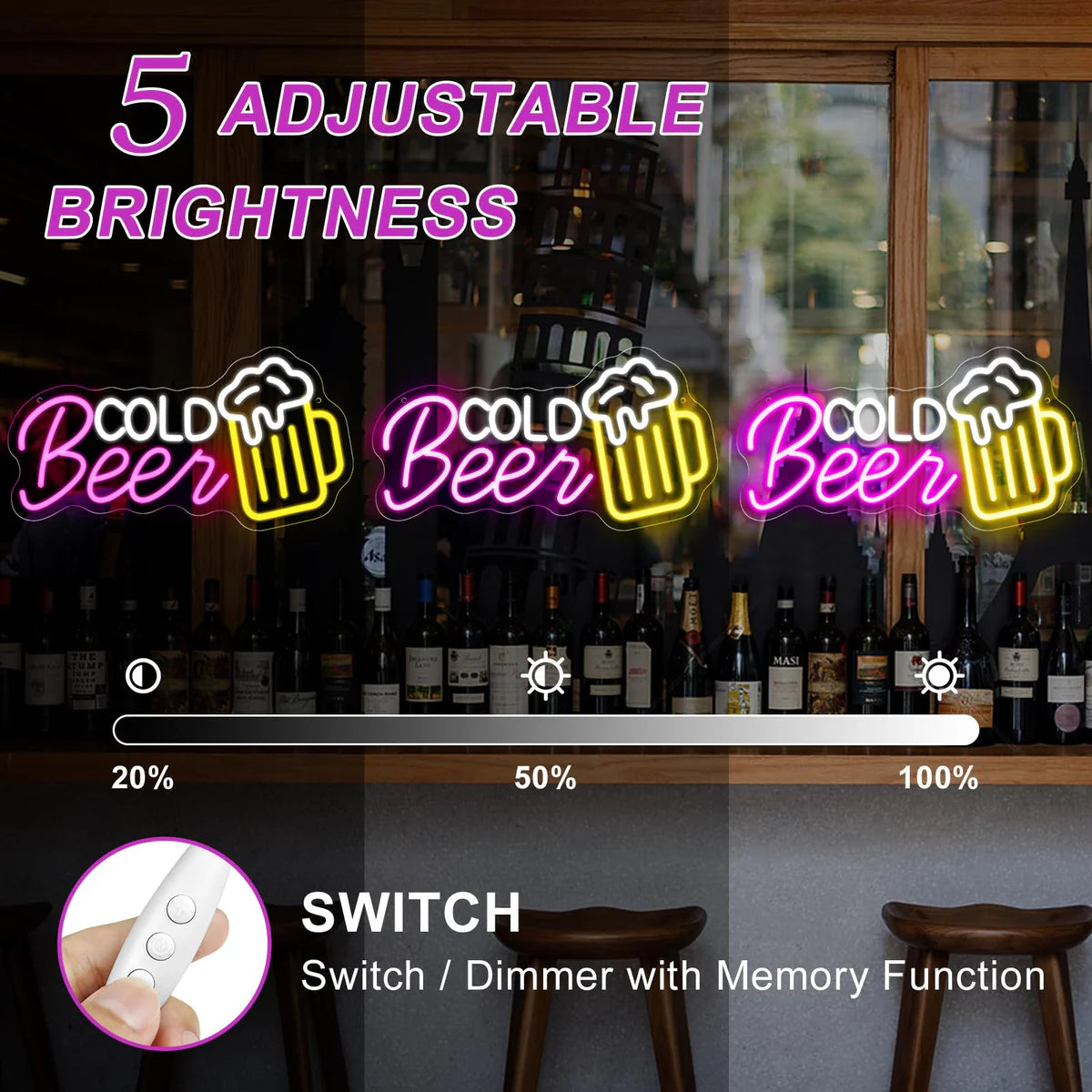 LED Neon Signs – Cold Beer LED Sign – 16.5 × 9 Inch | Purple & White Glow | USB Powered | Hanging | Ideal for Bar, Pub, Lounge, Nightclub, Party Mood Lighting
