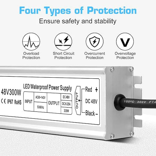 300W 36V/48V Waterproof LED Power Supply, 90-140V Input, Single Output, Aluminum Housing, Outdoor LED Lighting Driver, CE/RoHS/FCC Certified, US Plug