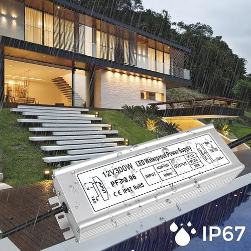 300W 12V/24V Waterproof LED Power Supply, 90-265V Input, Single/Dual/Triple Wire Output, Aluminum Housing, Outdoor LED Lighting Driver, CE/RoHS/FCC Certified, US/UK/EU Plug