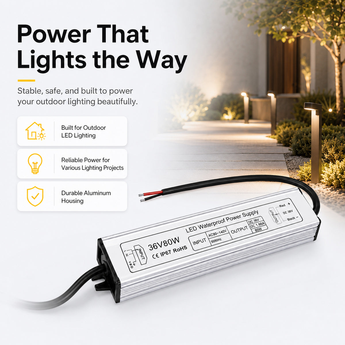 80W 12V/24V/36V/48V Waterproof LED Power Supply, 90-265V Input, Single Output, Aluminum Housing, Outdoor LED Lighting Driver, CE/RoHS/FCC Certified, US/UK/EU Plug