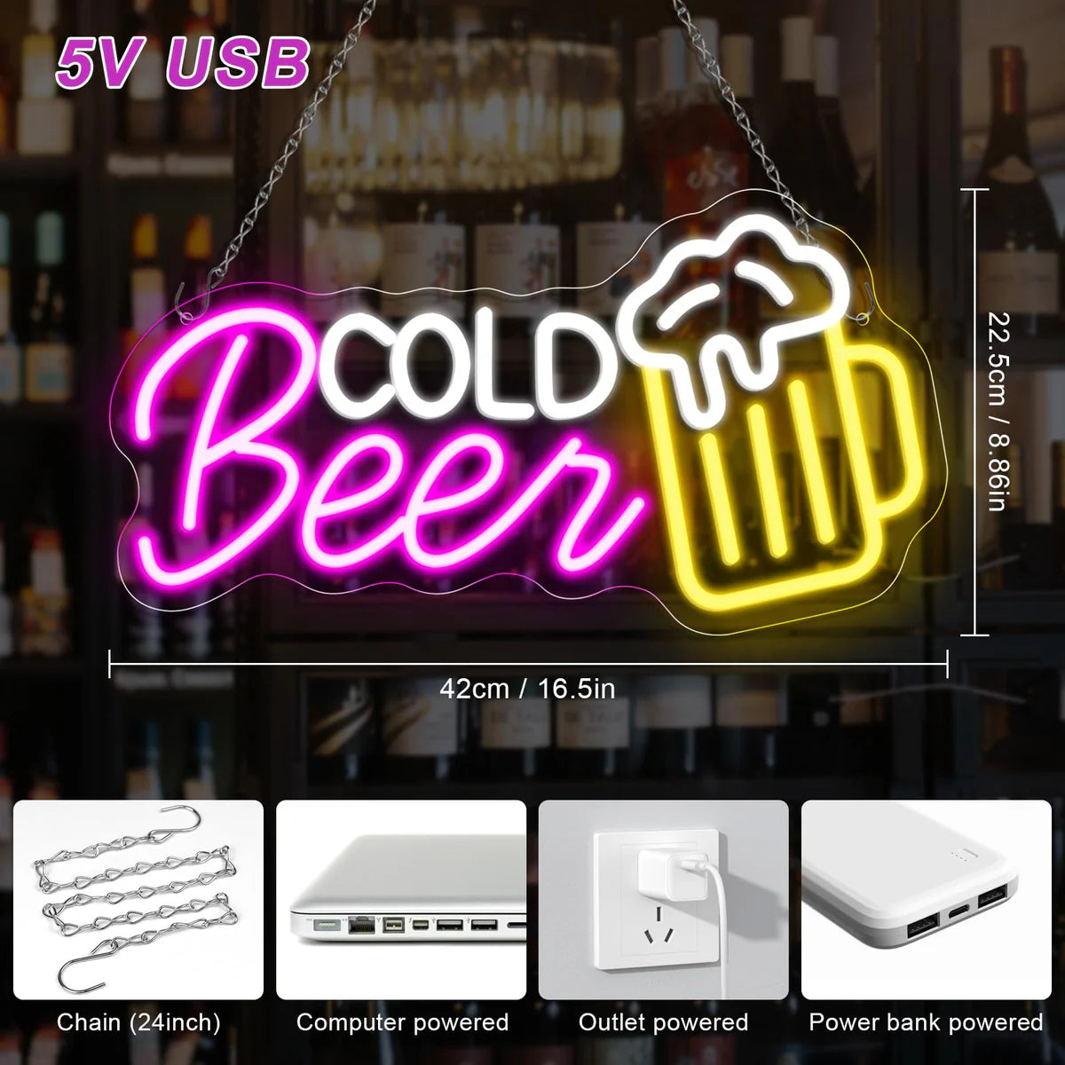 LED Neon Signs – Cold Beer LED Sign – 16.5 × 9 Inch | Purple & White Glow | USB Powered | Hanging | Ideal for Bar, Pub, Lounge, Nightclub, Party Mood Lighting