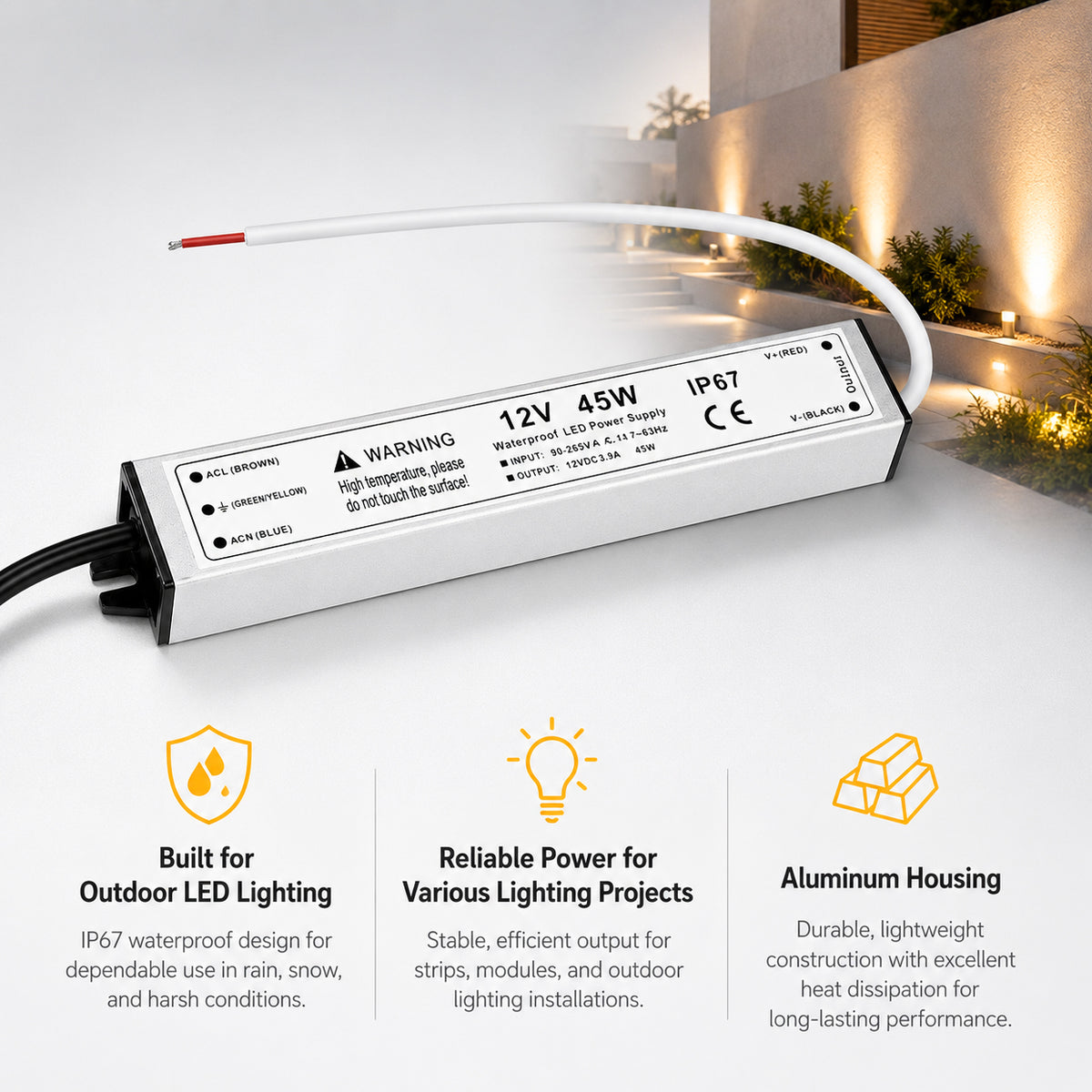 45W 12V Waterproof LED Power Supply, 90-265V Input, Single Output, Aluminum Housing, Outdoor LED Lighting Driver, CE/RoHS/FCC Certified, US/UK/EU Plug
