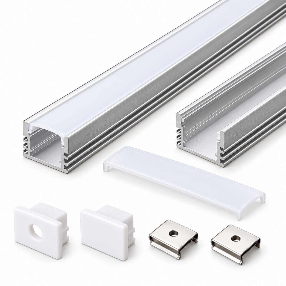 Silver 505-B 17.4 × 12.1mm LED Aluminum Channel, 12mm Inner Width, with Milky White Cover & Installation Accessories