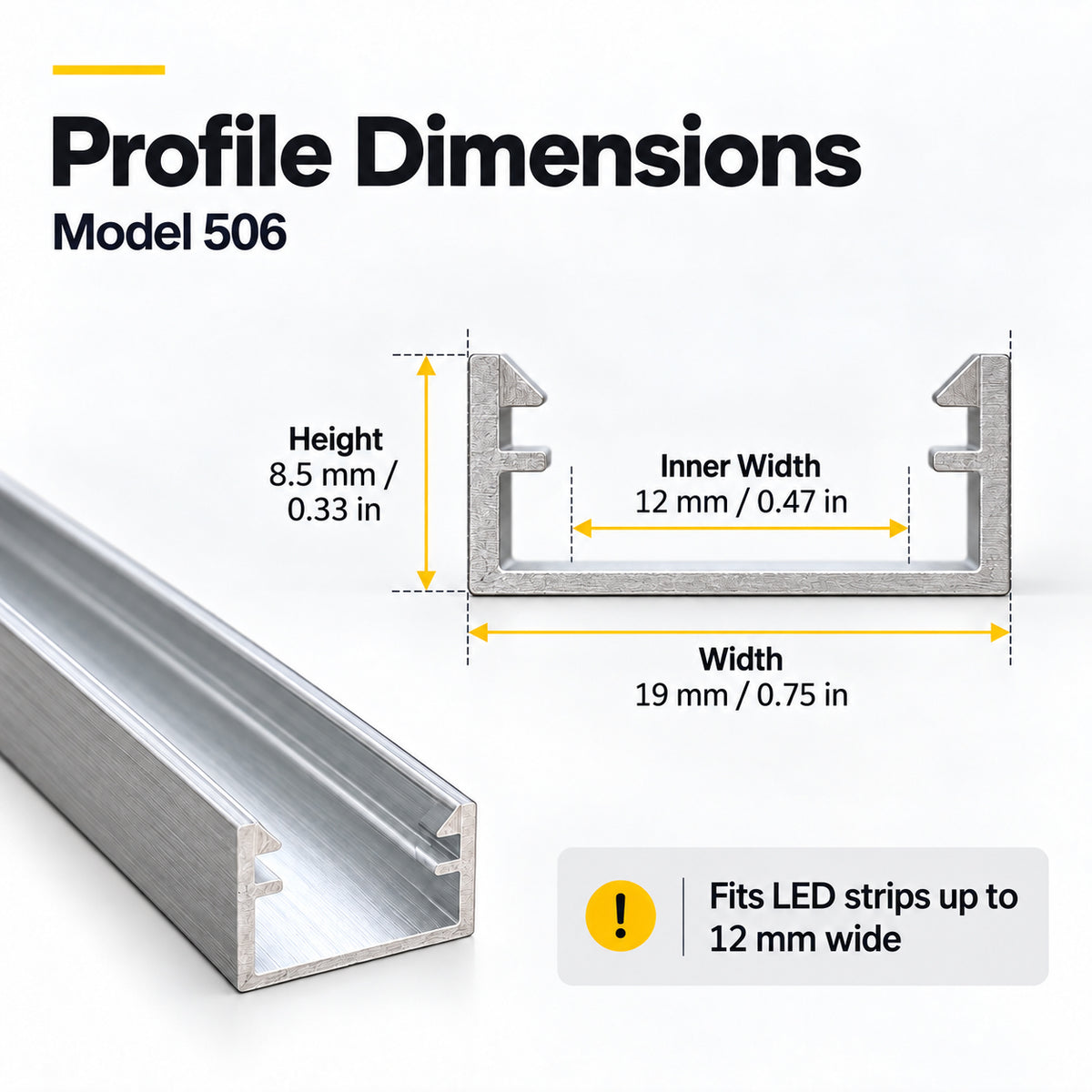 Silver 506-B 19 × 8.5mm LED Aluminum Channel, 12mm Inner Width, with Milky White Cover & Installation Accessories