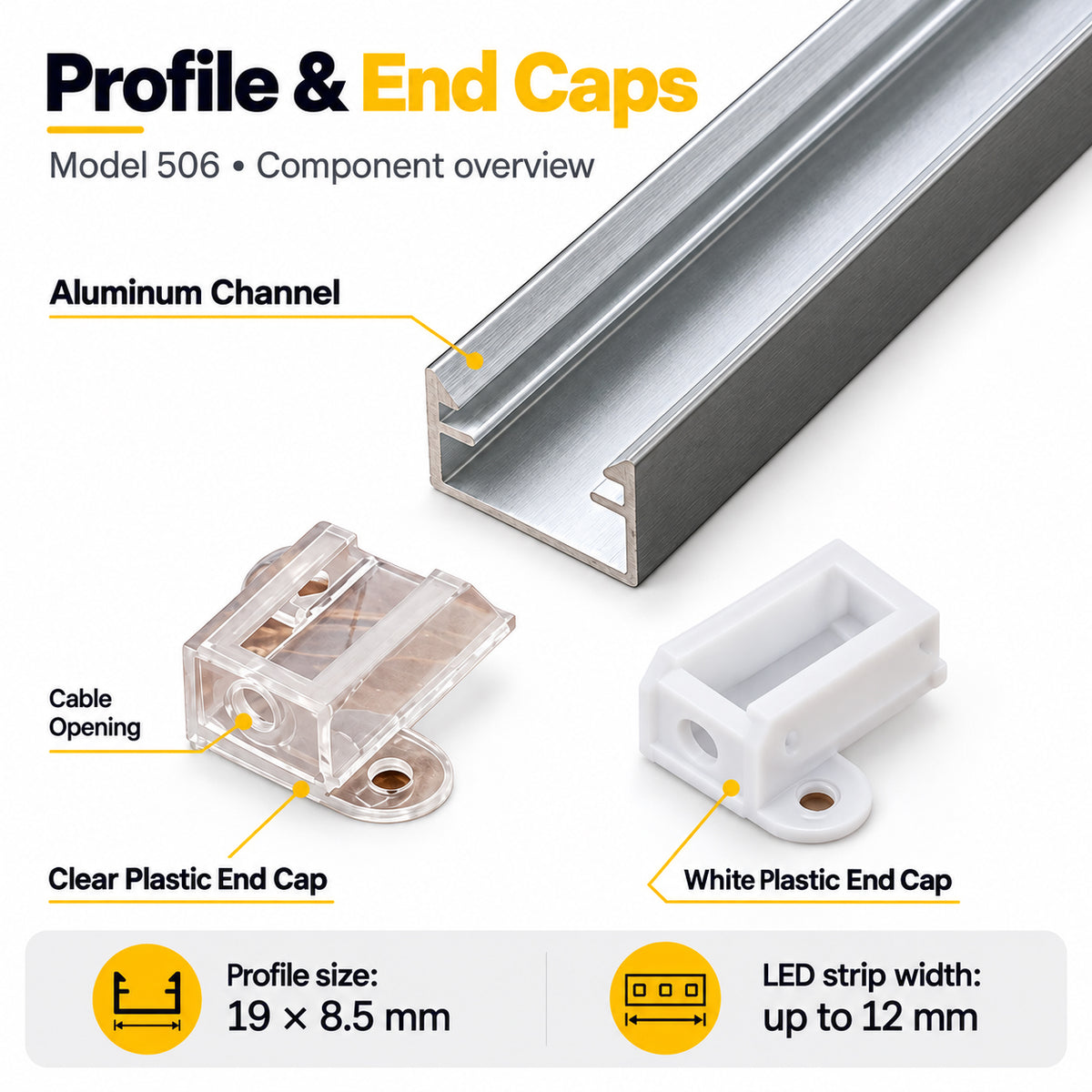 Silver 506-B 19 × 8.5mm LED Aluminum Channel, 12mm Inner Width, with Milky White Cover & Installation Accessories