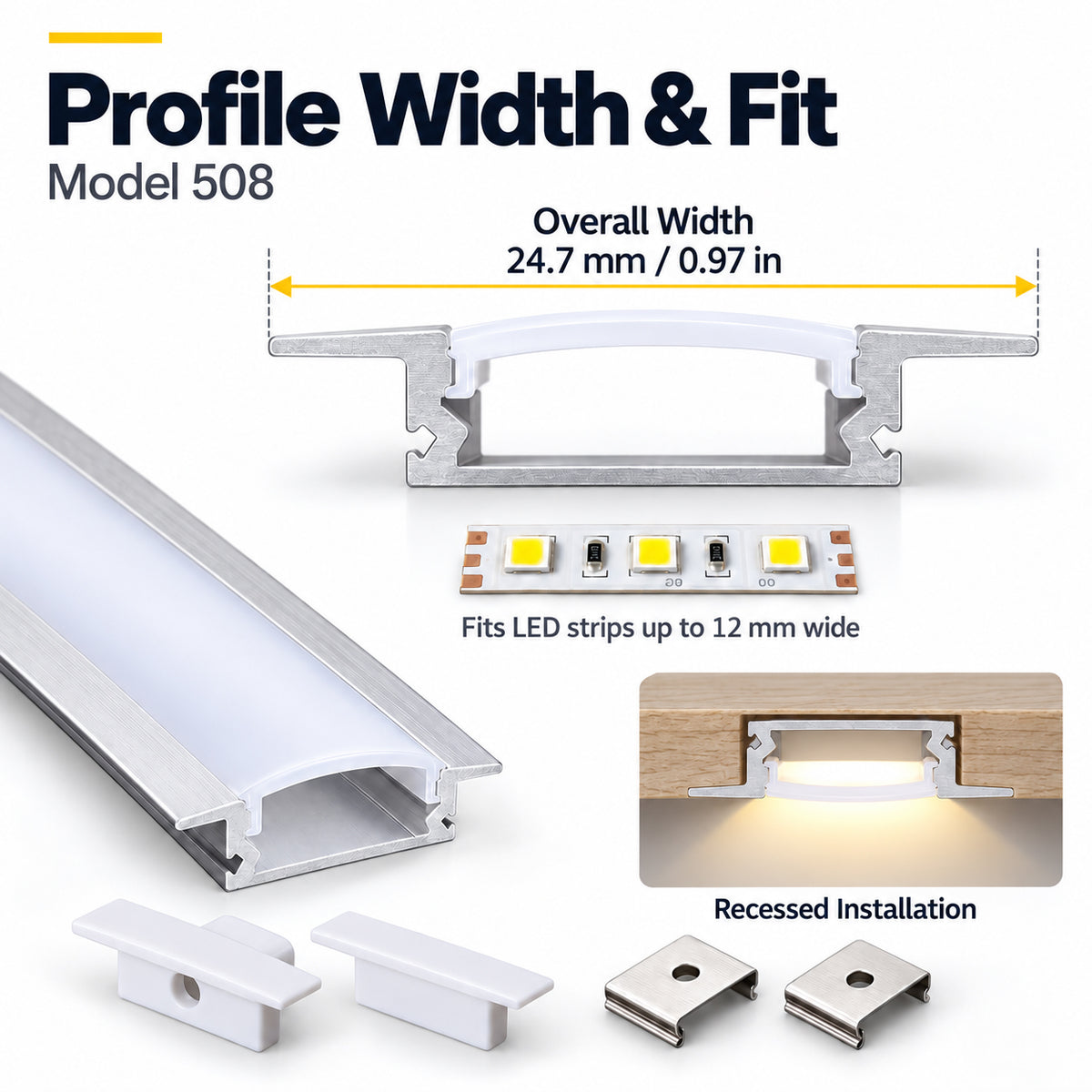 Silver 508-B 24.7 × 7mm Wall-Mount LED Aluminum Channel, 12mm Inner Width, with Milky White Cover & Installation Accessories