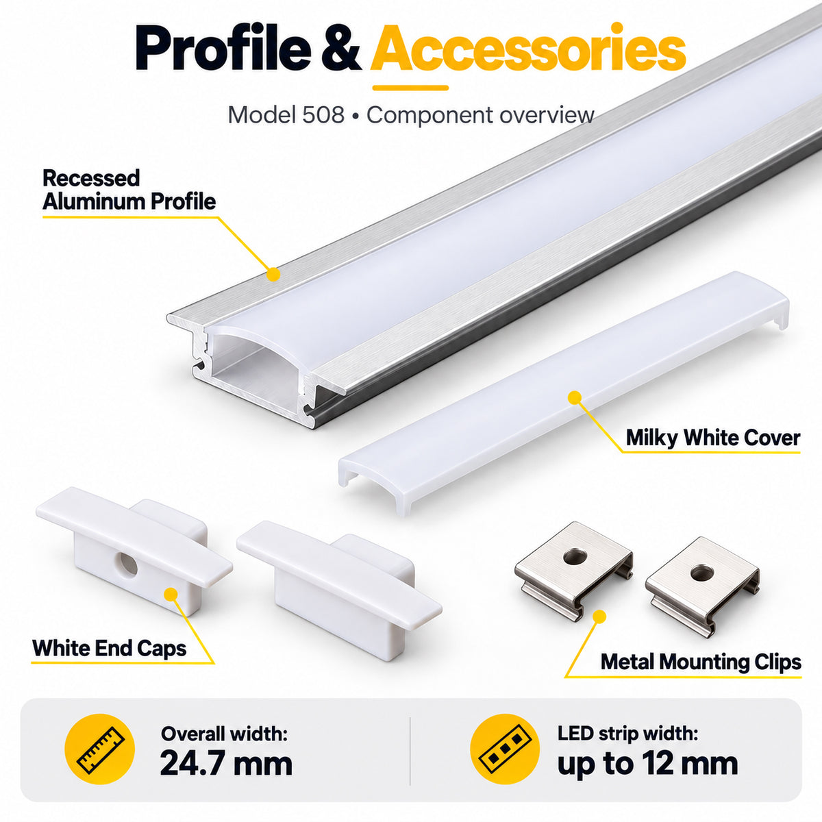 Silver 508-B 24.7 × 7mm Wall-Mount LED Aluminum Channel, 12mm Inner Width, with Milky White Cover & Installation Accessories
