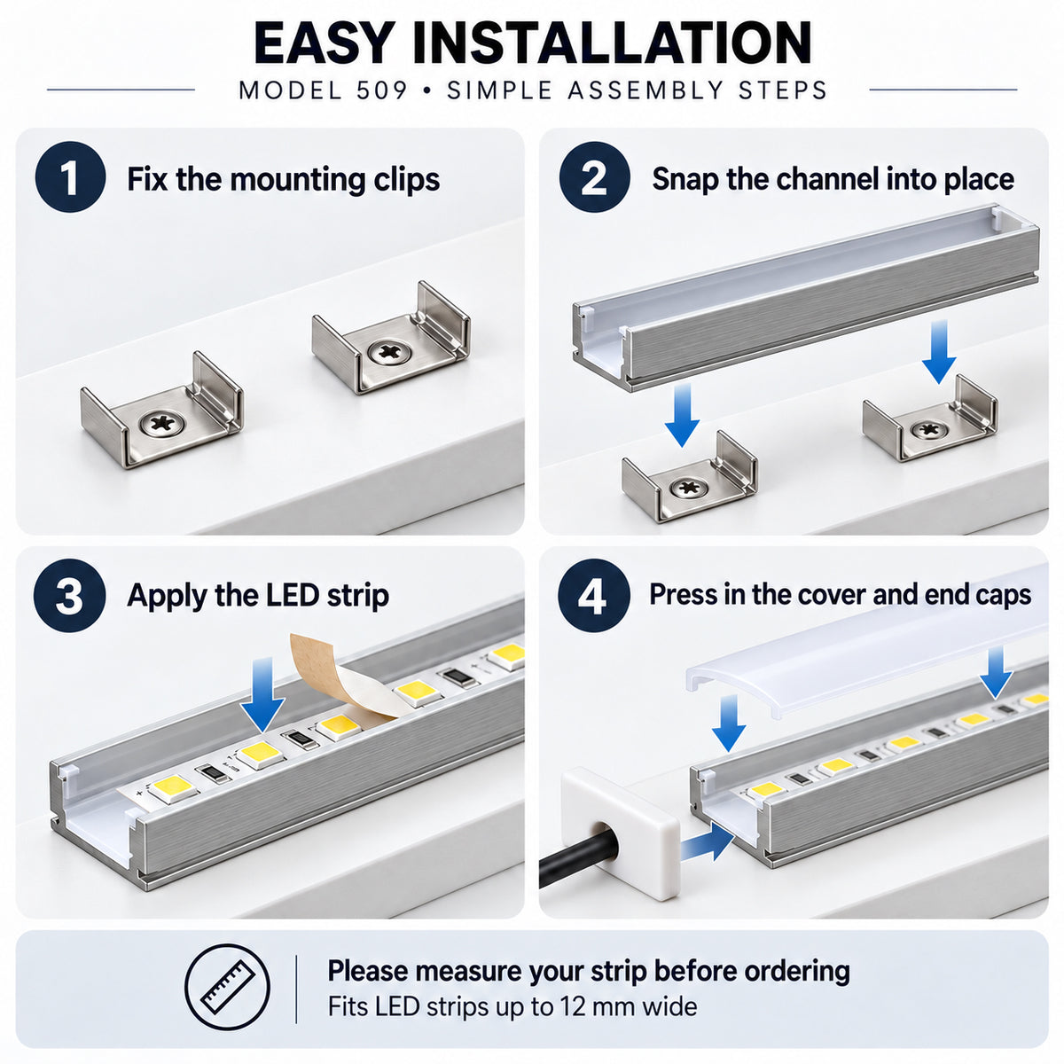 Silver 509-B 17.4 × 7mm Wall-Mount LED Aluminum Channel, 12mm Inner Width, with Milky White Cover & Installation Accessories