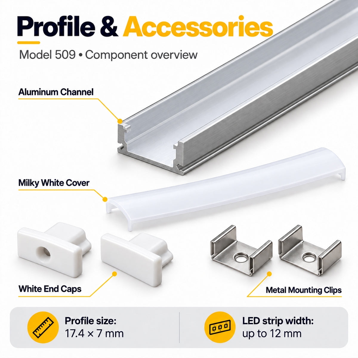 Silver 509-B 17.4 × 7mm Wall-Mount LED Aluminum Channel, 12mm Inner Width, with Milky White Cover & Installation Accessories