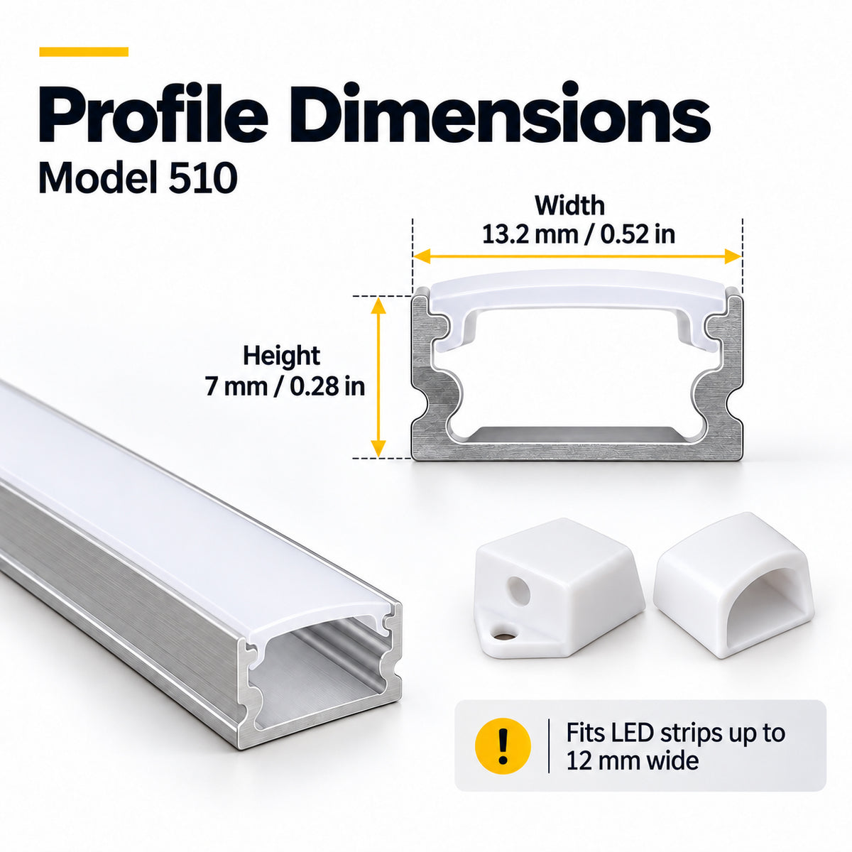 Silver 510-B 13.2 × 7mm LED Aluminum Channel, 12mm Inner Width, with Milky White Cover & Installation Accessories