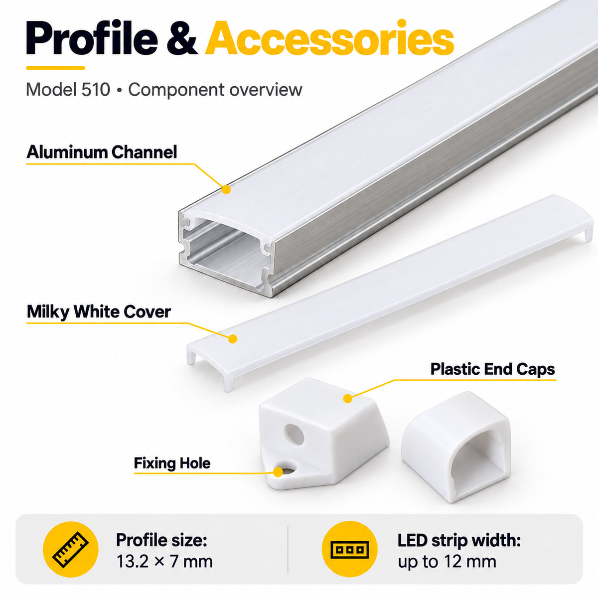 Silver 510-B 13.2 × 7mm LED Aluminum Channel, 12mm Inner Width, with Milky White Cover & Installation Accessories