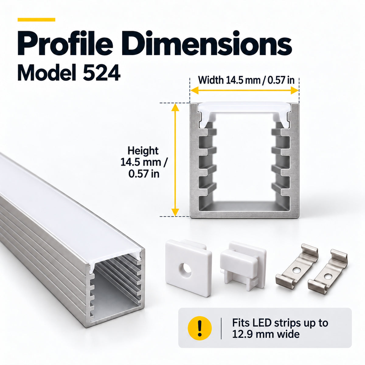 Silver 524-B 14.5 × 14.5mm LED Aluminum Channel, 12.9mm Inner Width, with Milky White Cover & Installation Accessories