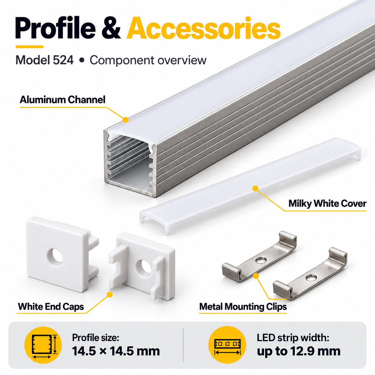 Silver 524-B 14.5 × 14.5mm LED Aluminum Channel, 12.9mm Inner Width, with Milky White Cover & Installation Accessories