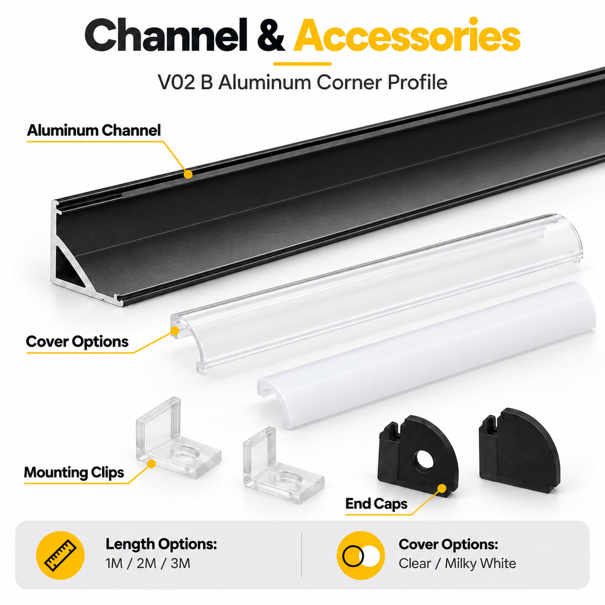 Black V02 16x16mm V-Shape Corner-Mount LED Aluminum Channel, 12mm Inner Width, with Cover, End Caps & Mounting Clips