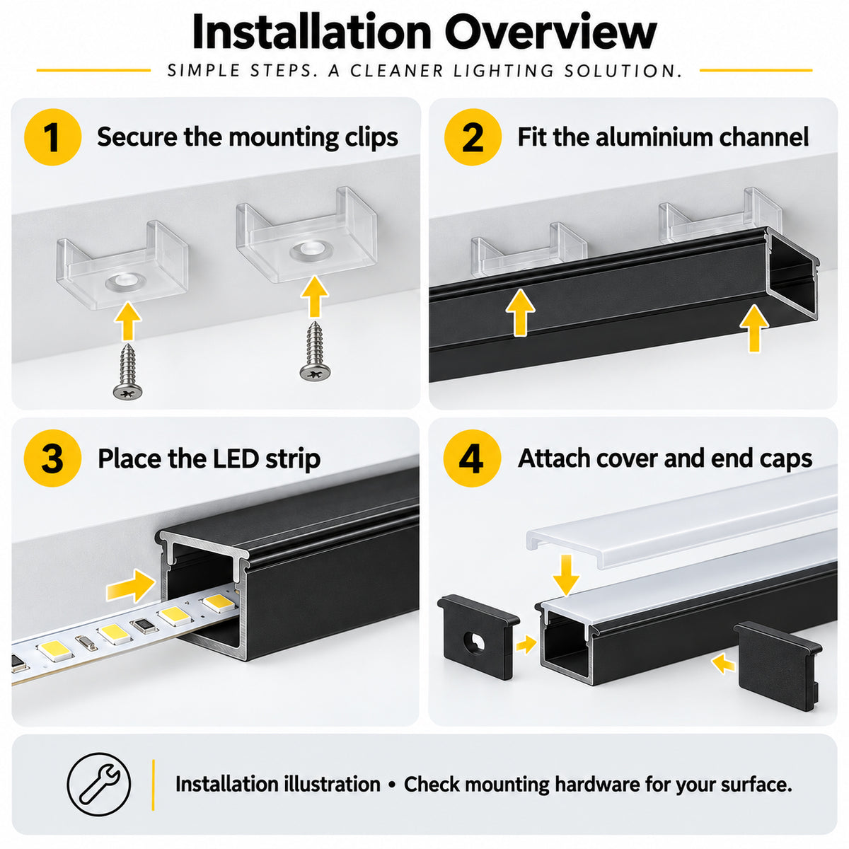 Black U03 10x30mm U-Shape LED Aluminum Channel, 20mm Inner Width, with Cover, End Caps & Mounting Clips
