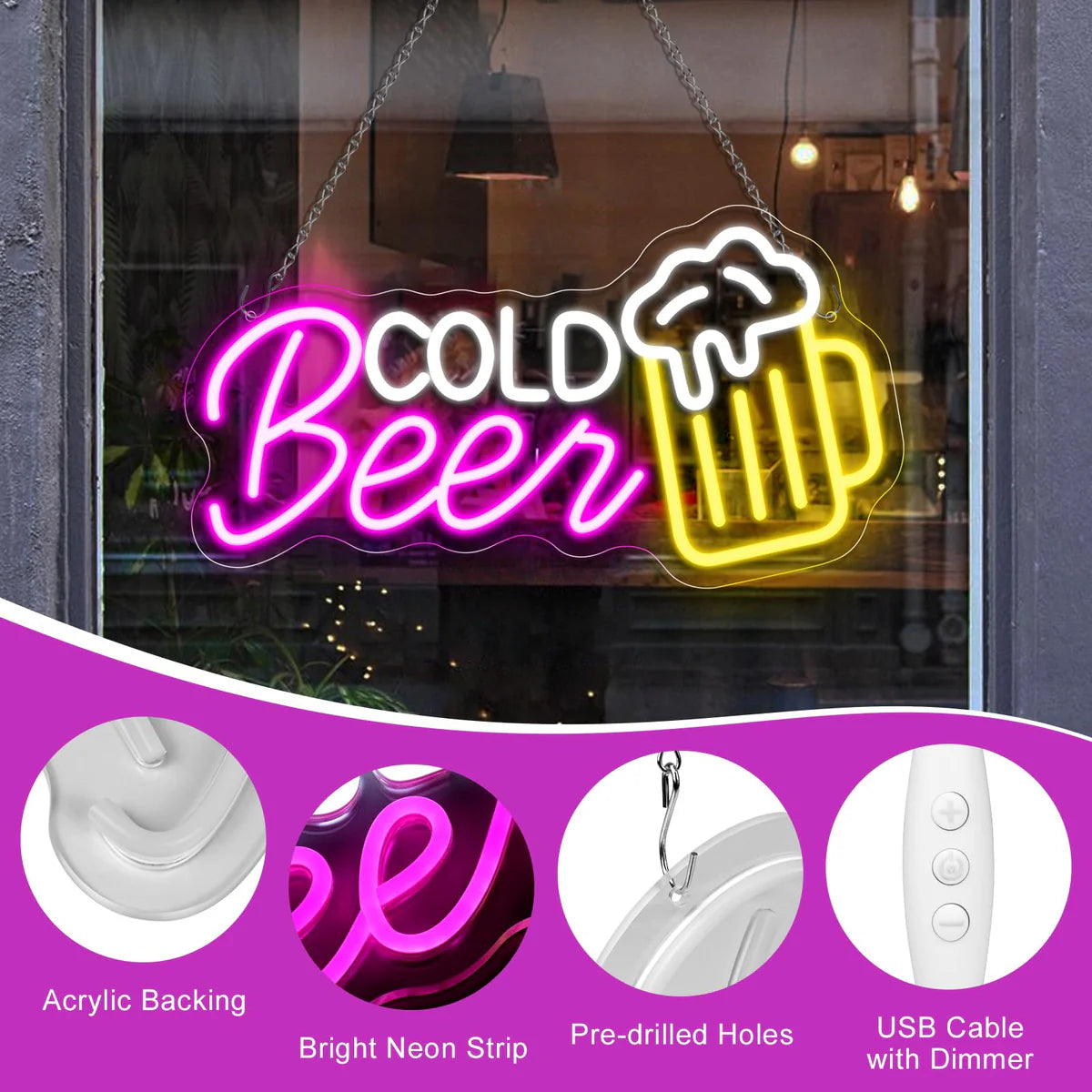 LED Neon Signs – Cold Beer LED Sign – 16.5 × 9 Inch | Purple & White Glow | USB Powered | Hanging | Ideal for Bar, Pub, Lounge, Nightclub, Party Mood Lighting