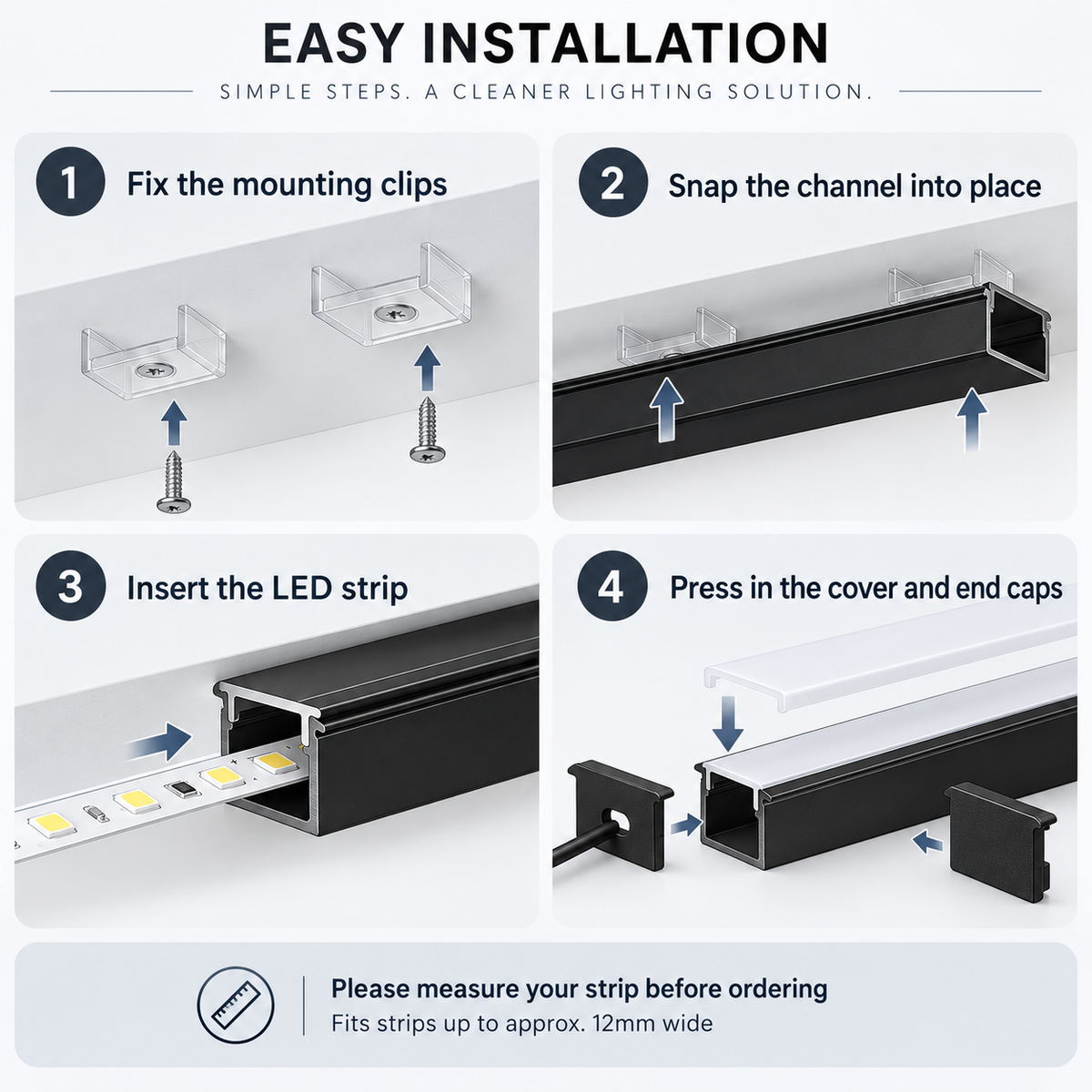 Black U01 9×23mm U-Shape LED Aluminum Channel, 12mm Inner Width, with Cover, End Caps & Mounting Clips