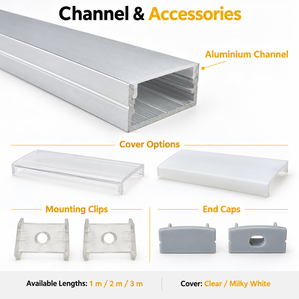 Silver U04 10x23mm U-Shape LED Aluminum Channel, 20mm Inner Width, with Cover, End Caps & Mounting Clips