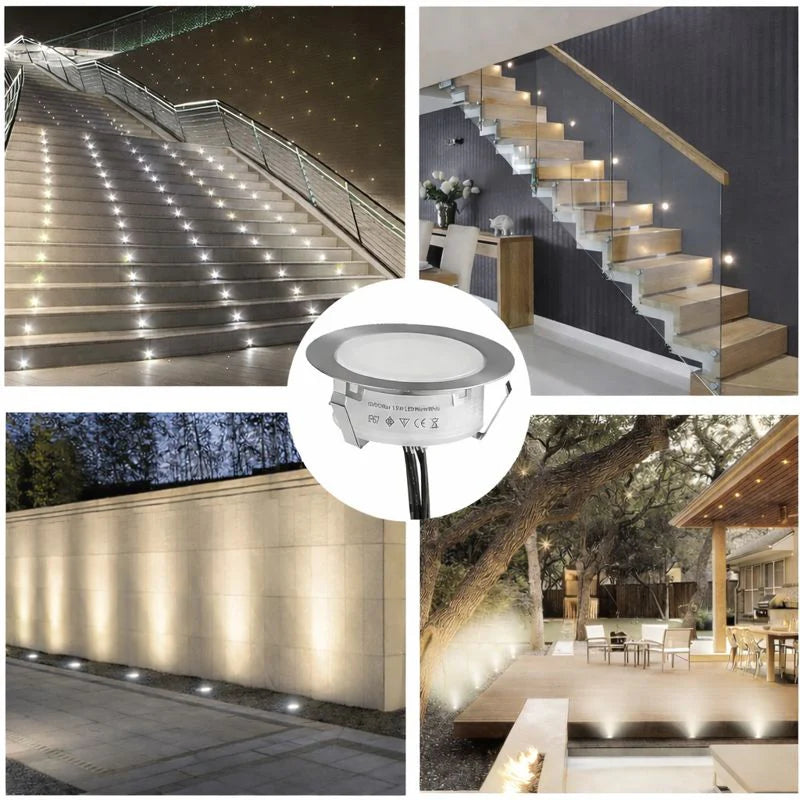 6-Pack Recessed LED Deck Lights – Warm White / Natural White | 1.5W Each | AC100–265V Input with Power Adapter | US / EU / UK / AU Plug Options | IP67 Waterproof Inground Step Lights Kit for Deck, Garden, Yard, Stairs & Pathway Lighting