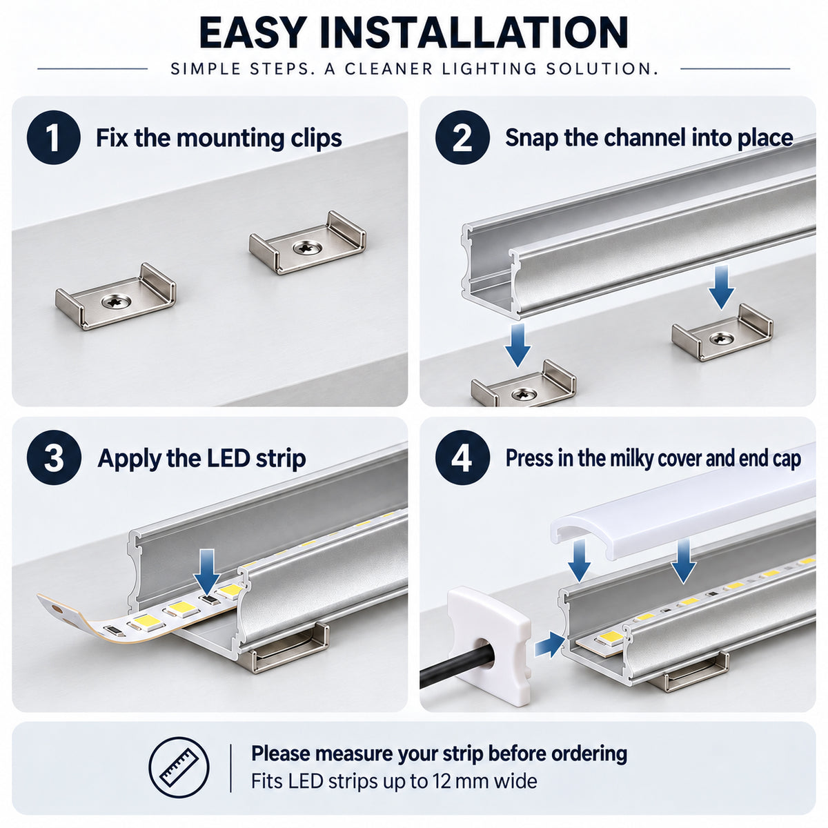 Silver 613-B 17.2 × 14.4mm Mini Square Trimless Surface-Mount LED Aluminum Channel, 10mm Inner Width, with Milky White Cover & Installation Accessories