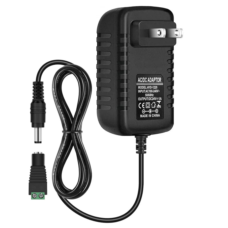 Power Adapter DC 24V 24W, AC 100–240V to 24V Wall Plug Power Supply with US Plug, Black Case for LED Lighting and Electronics