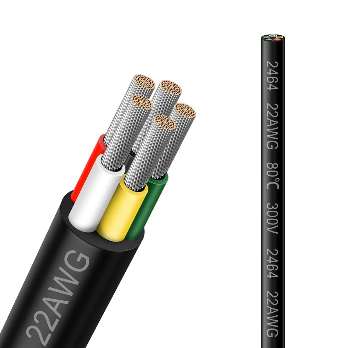 22 AWG Electrical Wire, Stranded Tinned Copper Cable, 2/3/4/5 Conductor Multi-Core, Black/White PVC Jacket Flexible Extension Cord — 3m–50m (10ft–165ft) Options