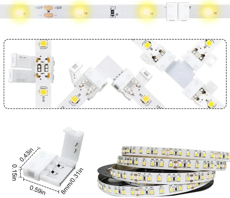 LightingWill LED Strip Connector 8mm 2Pin Solderless Clips, LED Light Strip Connector Strip to Wire Strip to Strip DC Adapter L T Connectors, Local Stock US UK