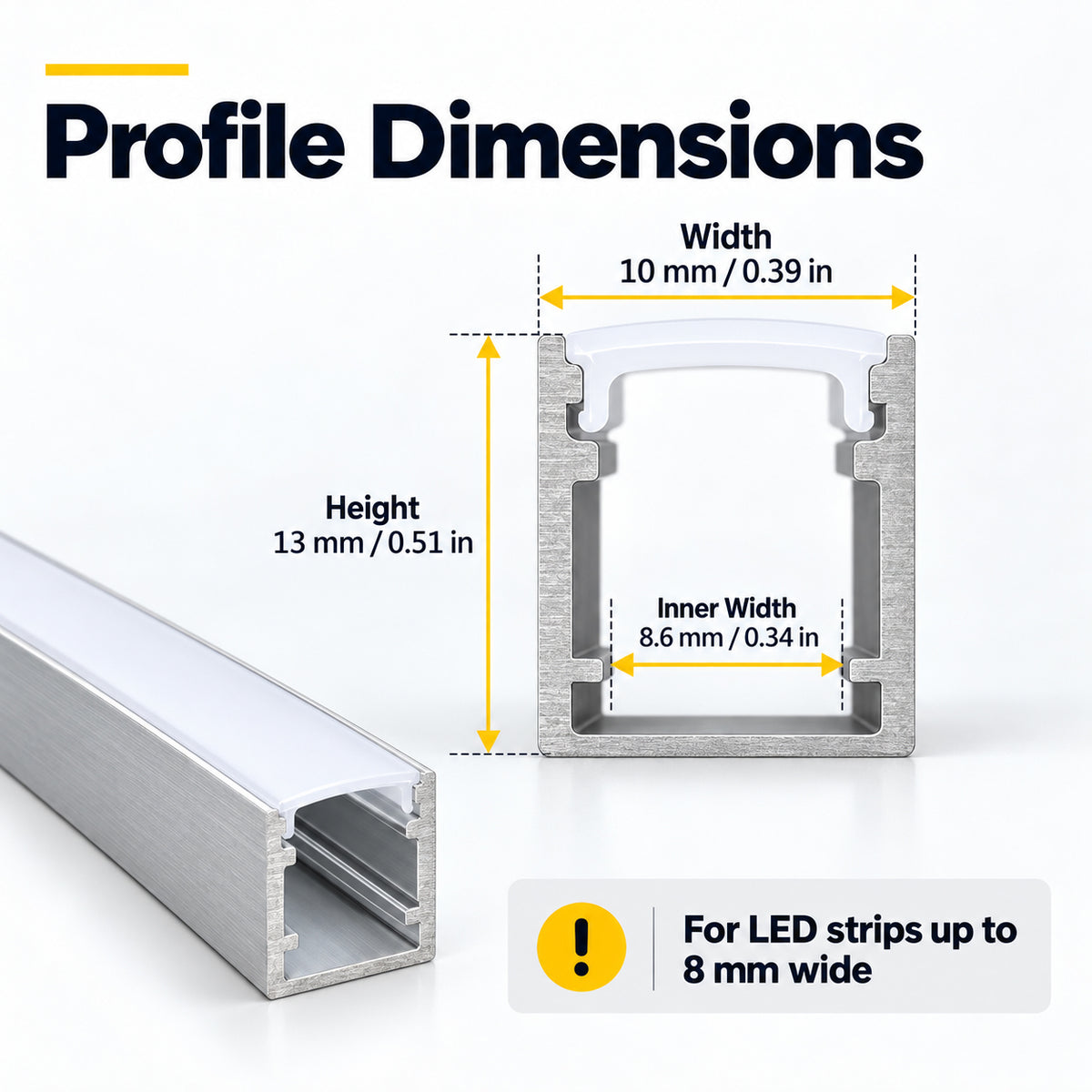 Silver 624-B 10 × 13mm Mini Square Trimless Surface-Mount LED Aluminum Channel, 8mm Inner Width, with Milky White Cover & Installation Accessories