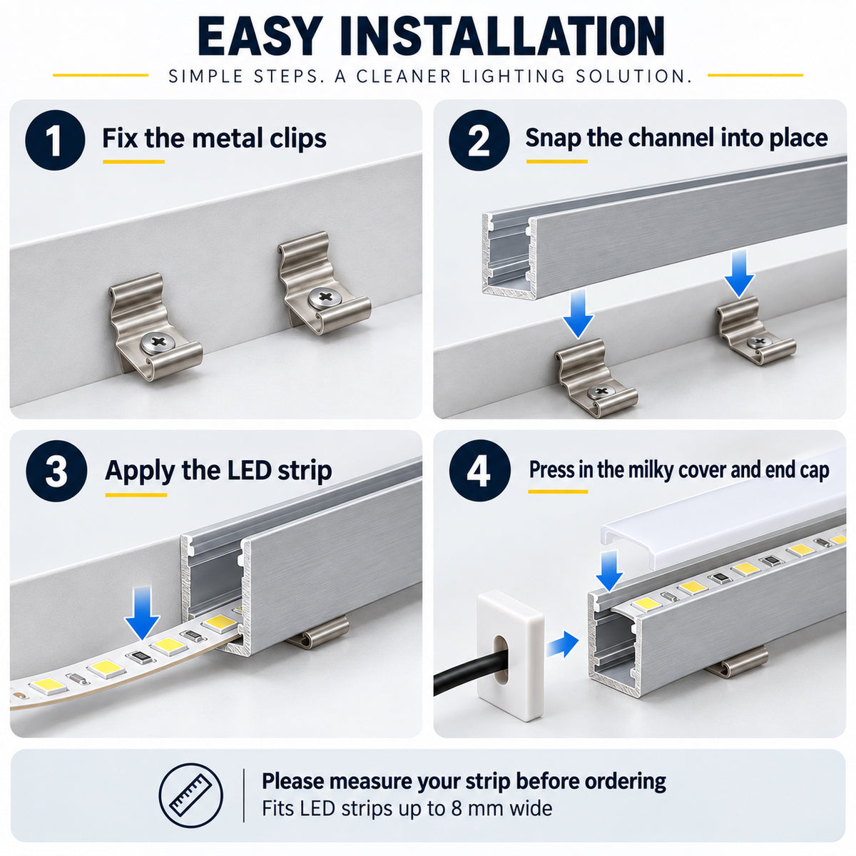 Silver 624-B 10 × 13mm Mini Square Trimless Surface-Mount LED Aluminum Channel, 8mm Inner Width, with Milky White Cover & Installation Accessories