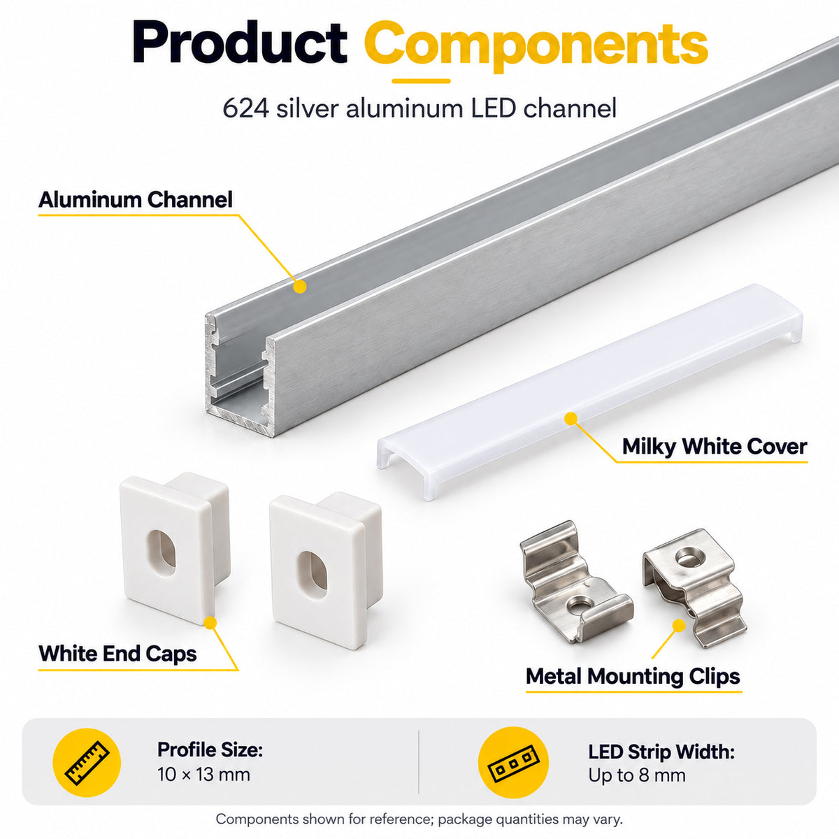 Silver 624-B 10 × 13mm Mini Square Trimless Surface-Mount LED Aluminum Channel, 8mm Inner Width, with Milky White Cover & Installation Accessories