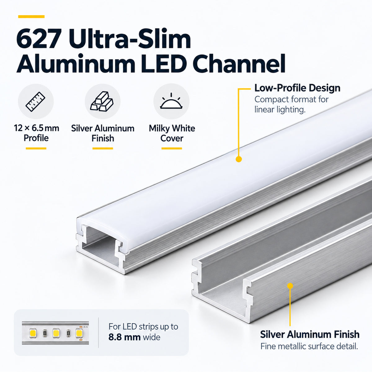 Silver 627-B 12 × 6.5mm LED Aluminum Channel, 8.8mm Inner Width, with Milky White Cover & Installation Accessories