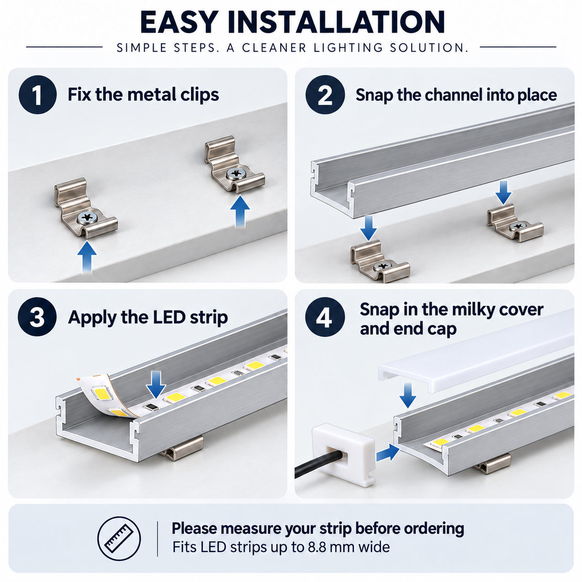 Silver 627-B 12 × 6.5mm LED Aluminum Channel, 8.8mm Inner Width, with Milky White Cover & Installation Accessories