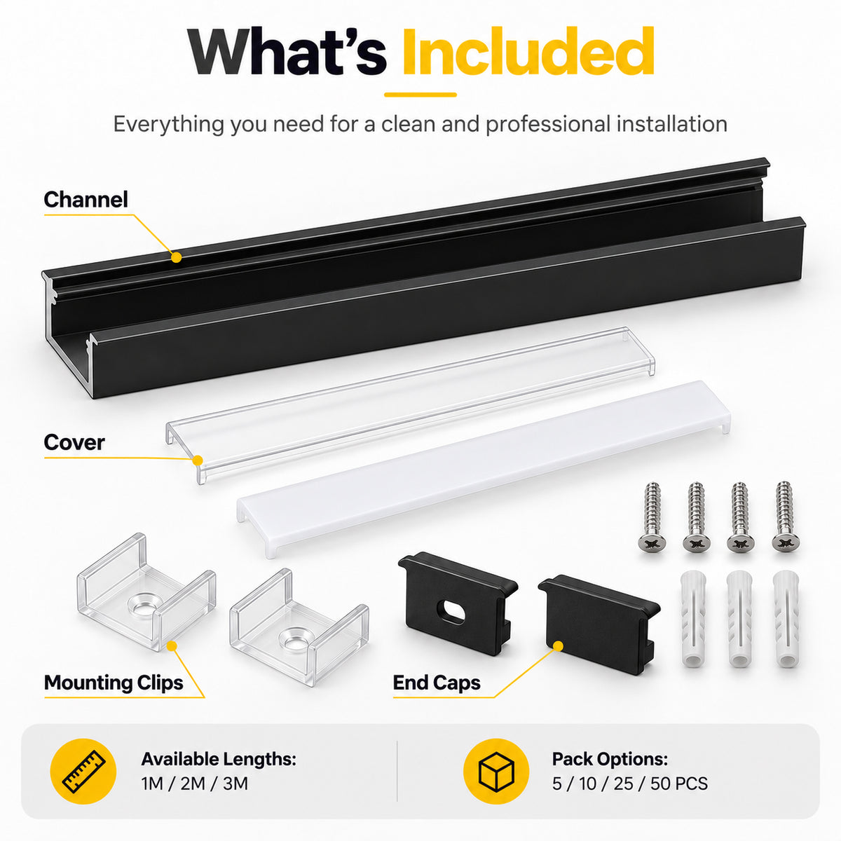 Black U03 10x30mm U-Shape LED Aluminum Channel, 20mm Inner Width, with Cover, End Caps & Mounting Clips