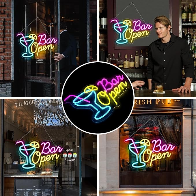BAR OPEN Silicone LED Shop Sign – 16.5×10.6 Inch | 5V USB Powered Dimmable LED Window Hanging Sign | Blue + Pink + Yellow Glow with Cocktail Glass Design | Accessories Included for Bars, Cafes, Restaurants & Commercial Spaces