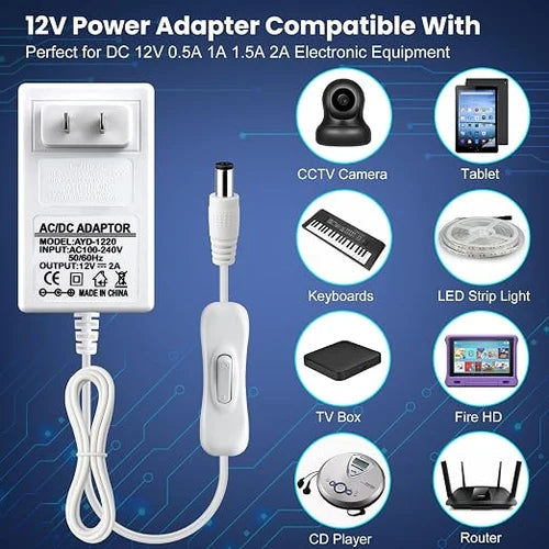 DC 12V Plug-in LED Adapter with On/Off Switch, 24W, US Plug, White Housing, 100–240V AC Input - Power Supply for LED Strip Lights, Decorative Lighting and Home Projects