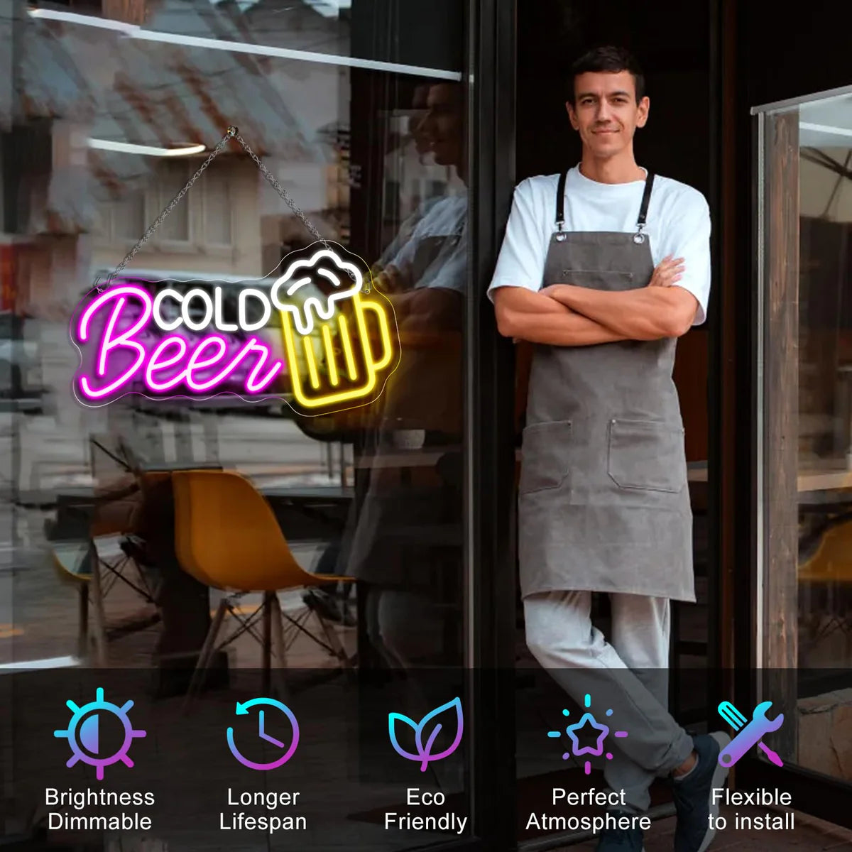 LED Neon Signs – Cold Beer LED Sign – 16.5 × 9 Inch | Purple & White Glow | USB Powered | Hanging | Ideal for Bar, Pub, Lounge, Nightclub, Party Mood Lighting