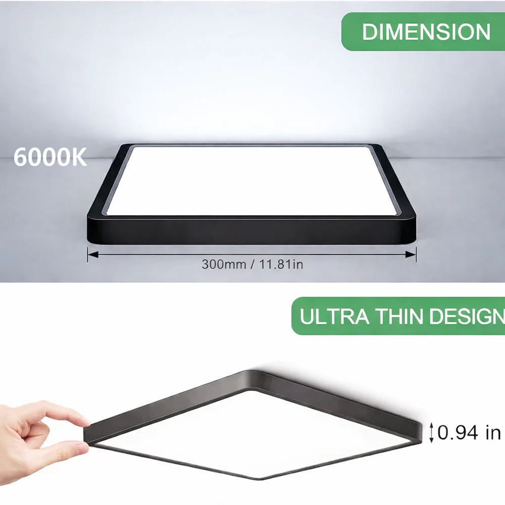 12 Inch 24W White / Black Square Slim LED Ceiling Lights – AC 110–130V | 3000K / 4500K / 5000K / 6500K | Flush Mount Ceiling Light for Modern Home Lighting | 1-Pack – Local Stock (US)