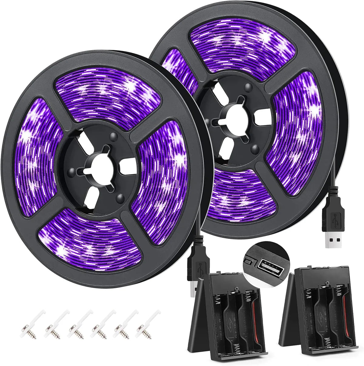 LightingWill 380–400nm SMD3528 UV LED Strip Light – 2.5M (8.2FT), USB Powered, Non-Waterproof (2 Pack)