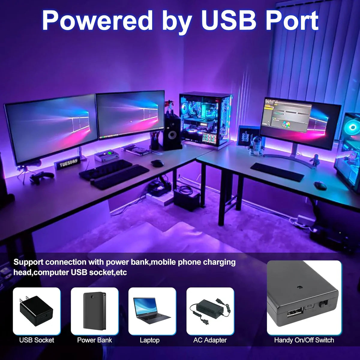 385–400nm SMD3528 USB Powered UV LED Strip Lights | 5V | 60 LEDs/m | Non-Waterproof | For Blacklight, Party & Mood Lighting
