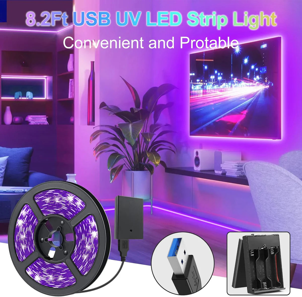 385–400nm SMD3528 USB Powered UV LED Strip Lights | 5V | 60 LEDs/m | Non-Waterproof | For Blacklight, Party & Mood Lighting