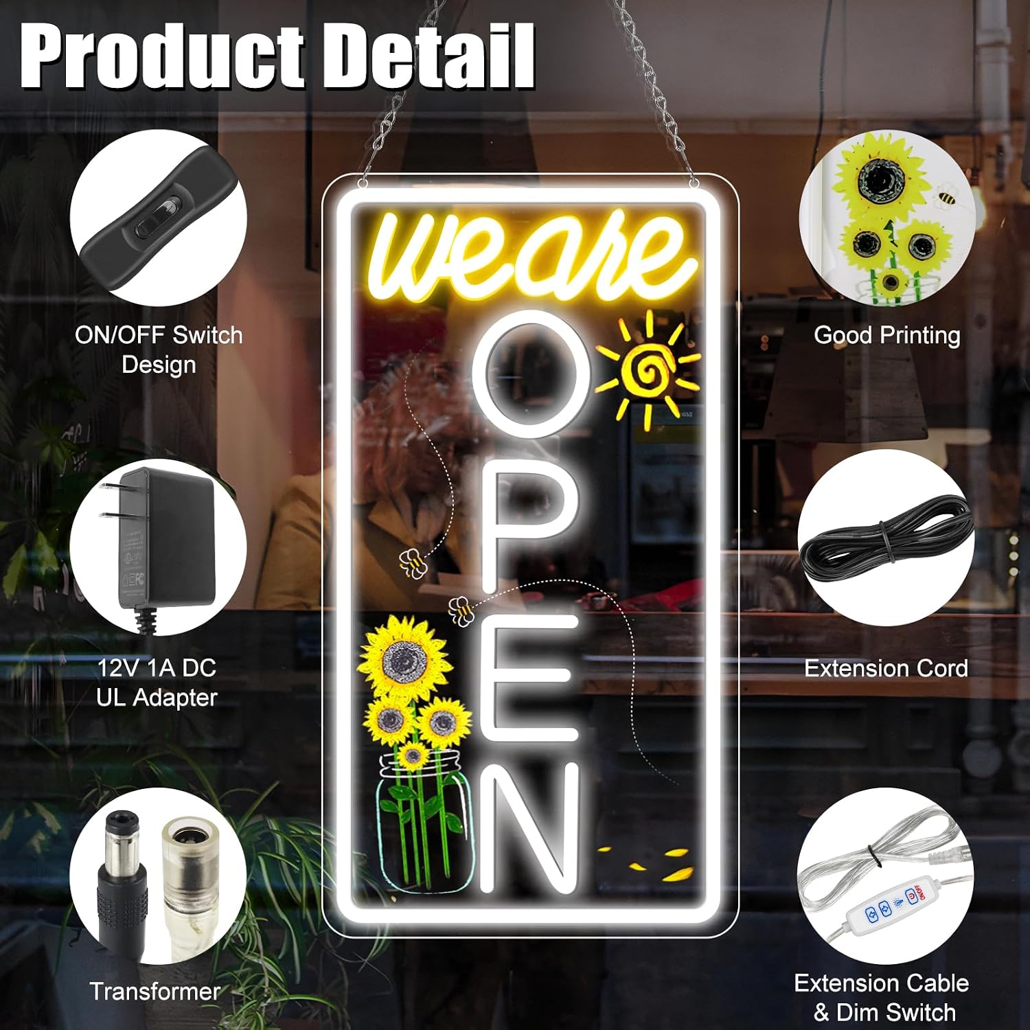 We Are Open Vertical Silicone LED shop signs – Warm White / Neutral White | 16.5 × 9 inch |Window Hanging | Plug & Play for Cafes, Restaurants & Retail Shops